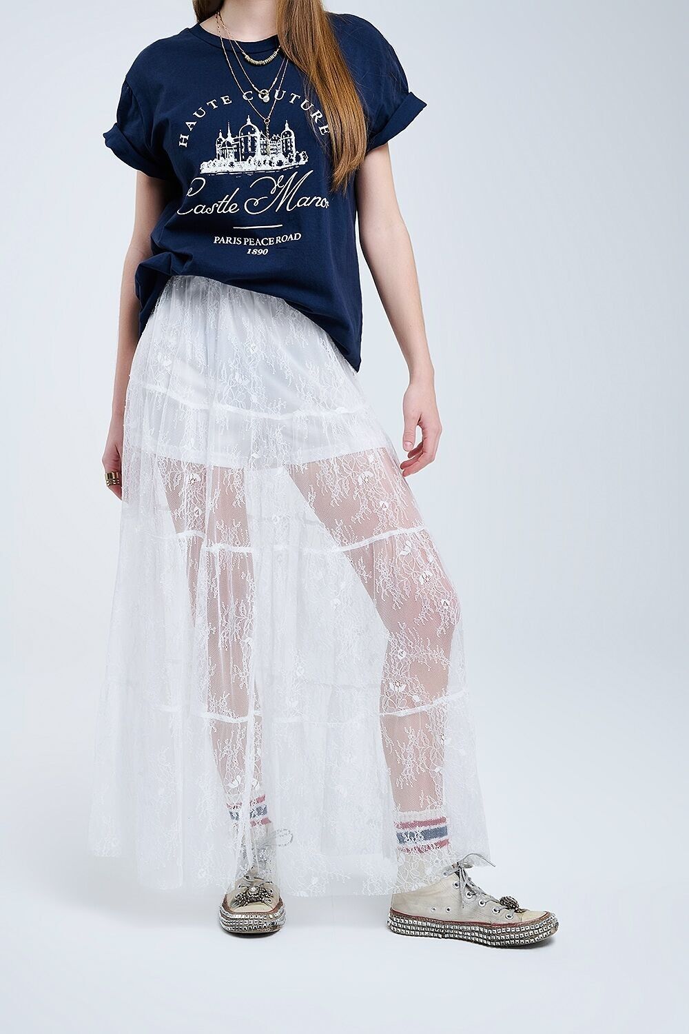 gonna lunga in pizzo bianco con stampa floreale