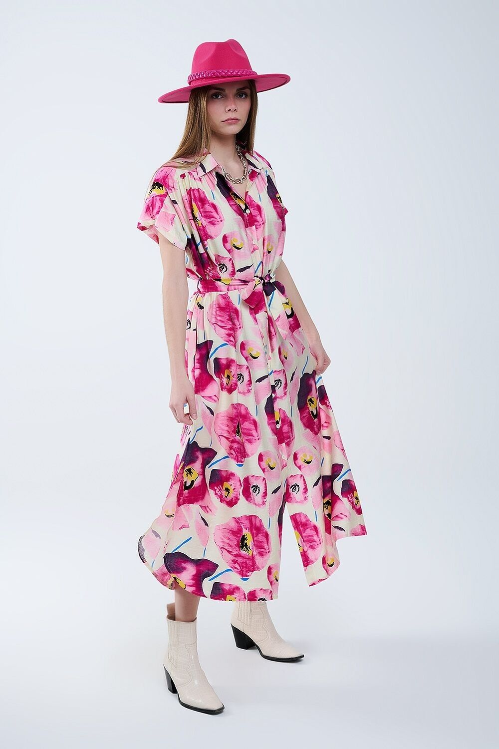 Abito camicia con bottoni e stampa floreale in fucsia