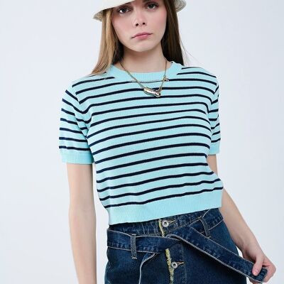 Mint Green Crop Sweater with navy Stripes