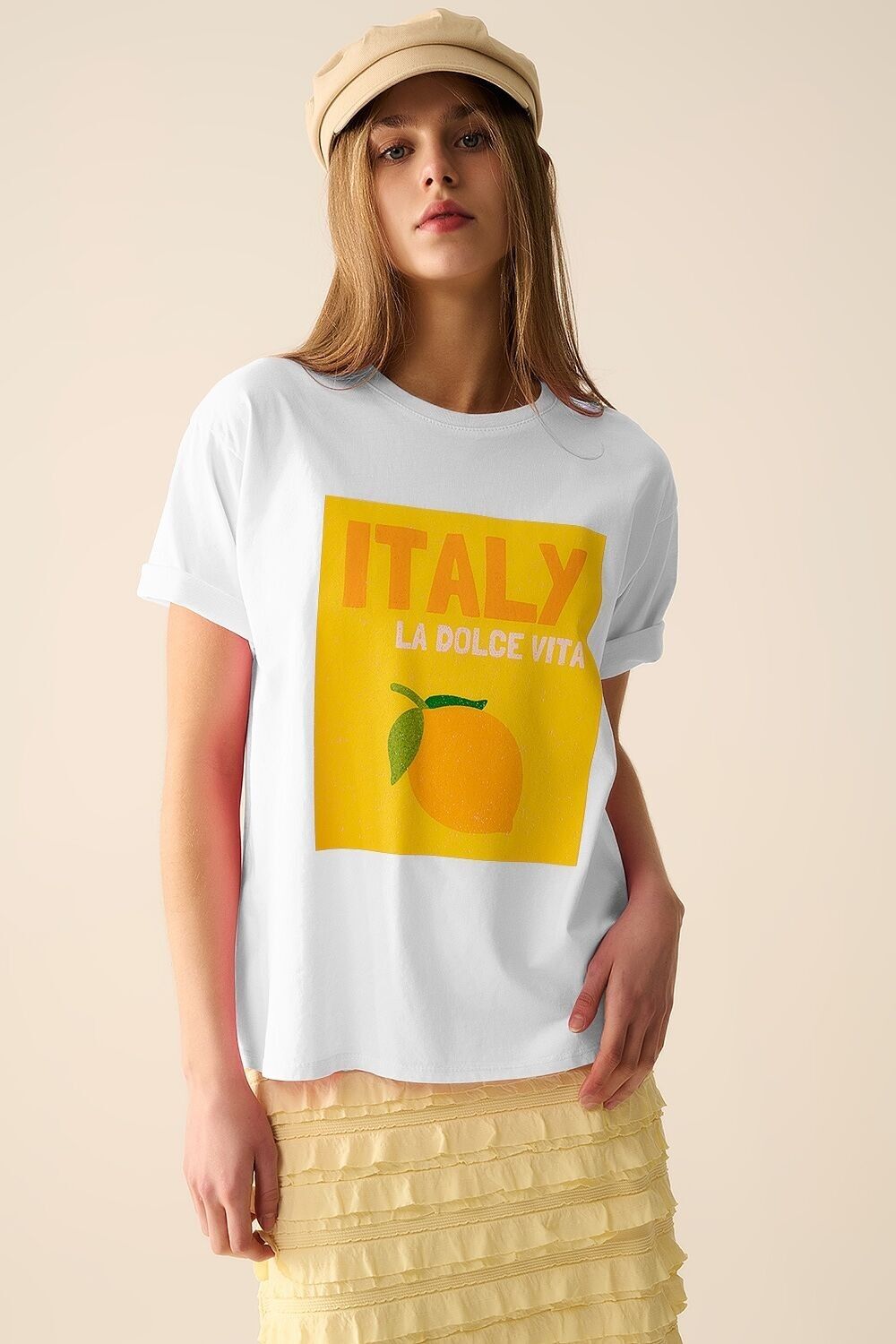 Weißes „Italienisches Dolce Vita“-T-Shirt mit Zitronen-Grafikdruck