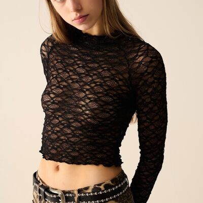 Camiseta corta de encaje negra con mangas largas