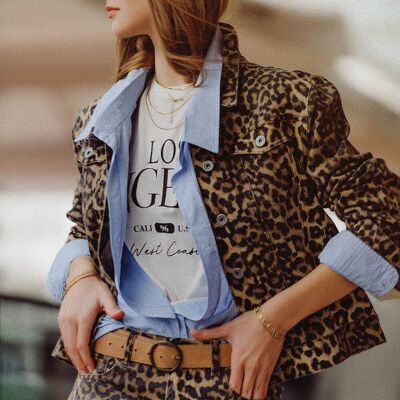 Giacca marrone con stampa leopardata in tessuto denim