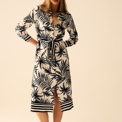 Vestido midi de manga larga con estampado tropical en blanco y negro