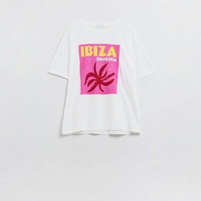 Camiseta holgada Ibiza Bohemia blanca con estampado rosa