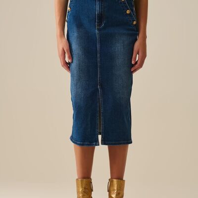 Jupe midi en denim extensible avec détails de boutons dorés