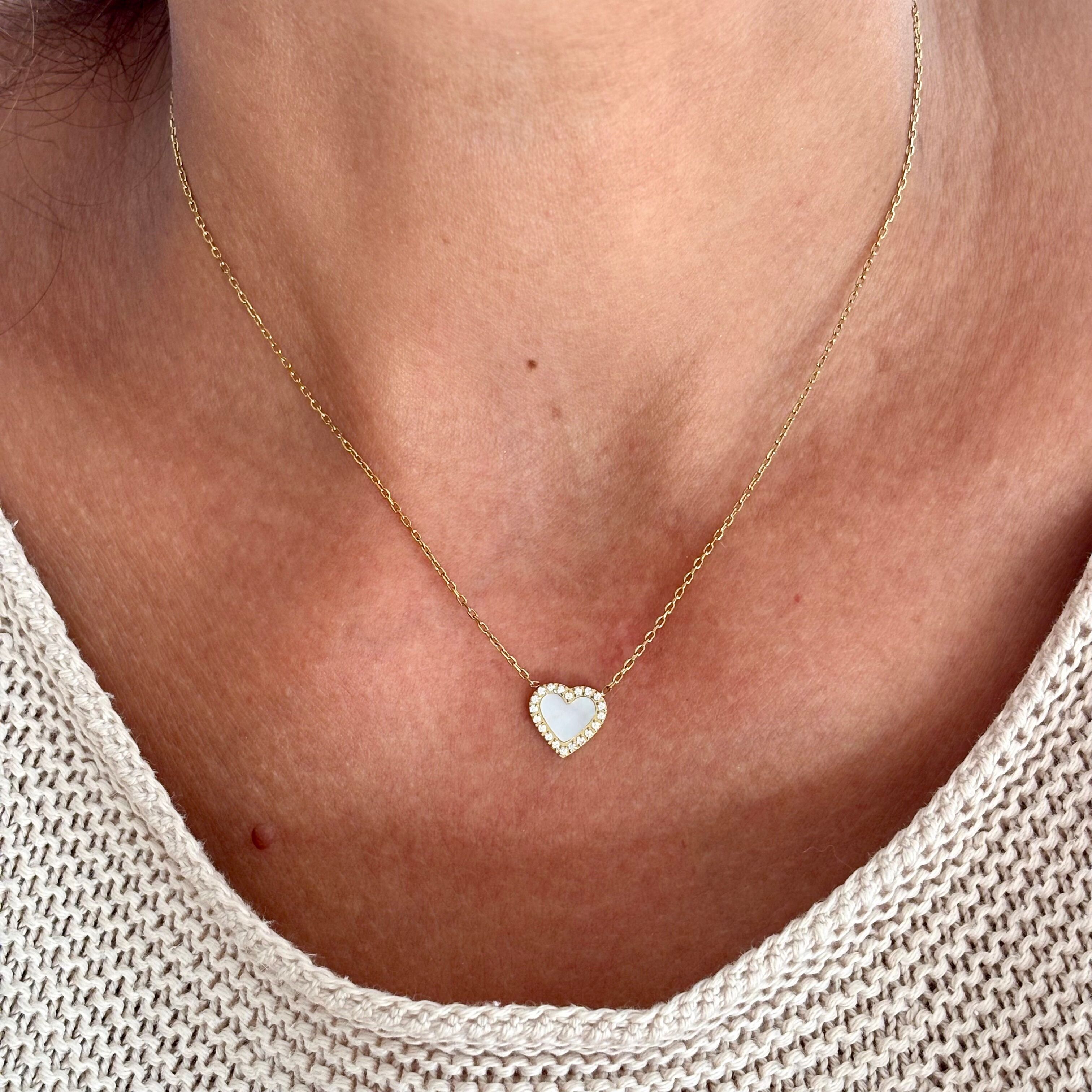 316L Gold Stainless Steel Necklace with Mother-of-Pearl Heart and Zirconium