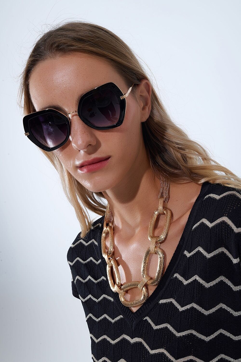 Occhiali da sole Cat Eye esagonali extra large neri