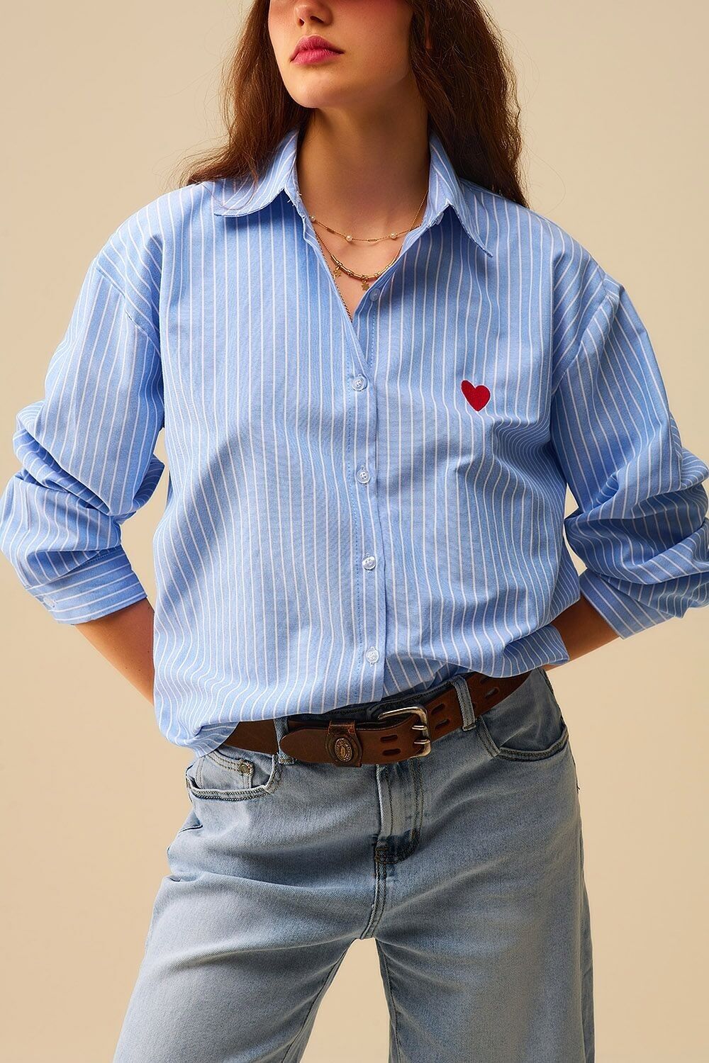 Camicia a righe blu con ricamo a cuore rosso