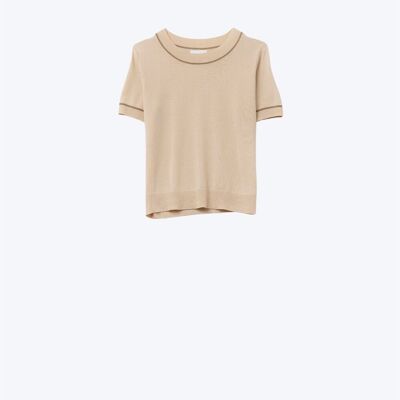 Beige Short Sleeve Knit Top with Camel Contrast Trims