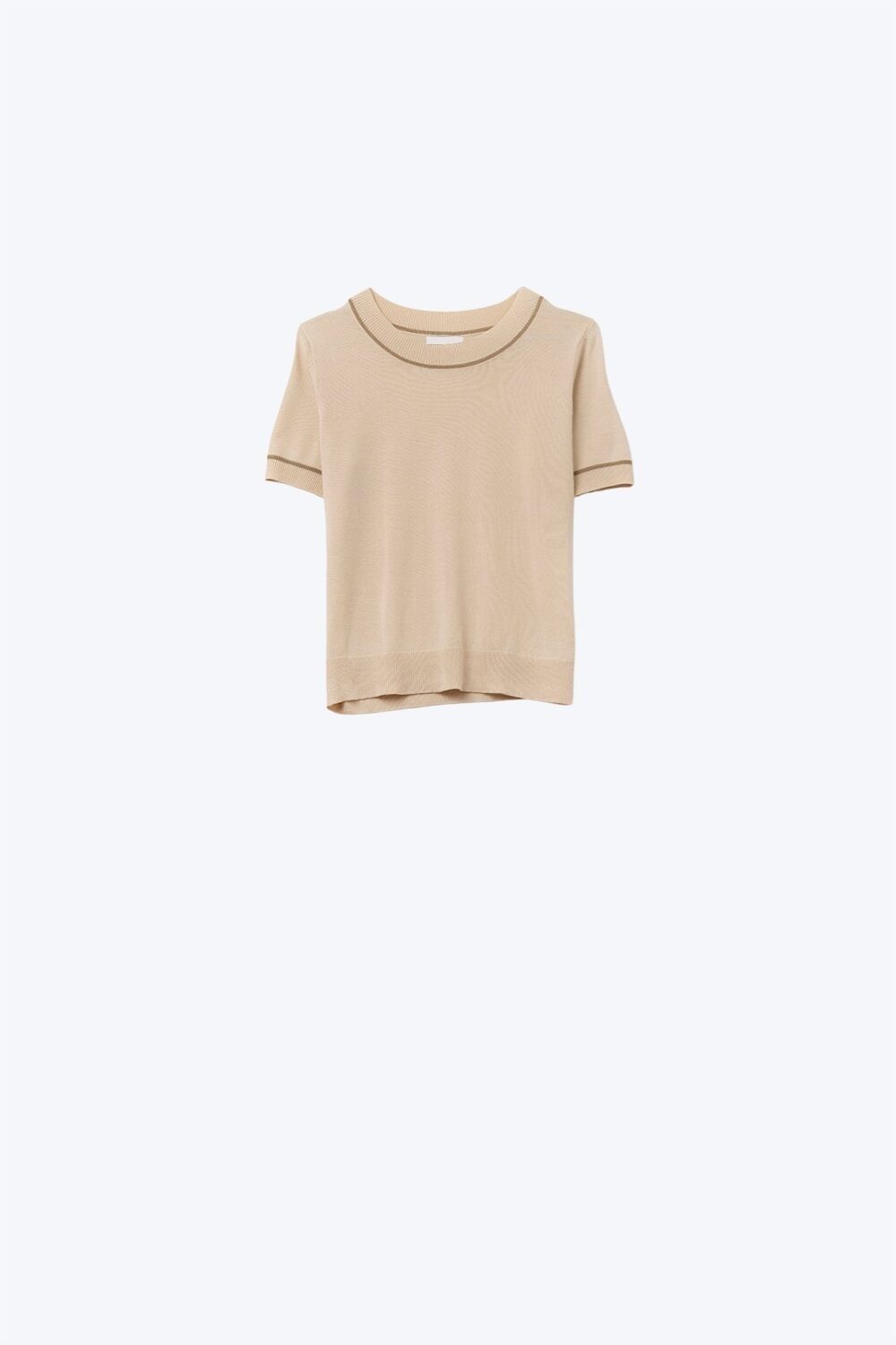 Maglia a maniche corte beige con finiture a contrasto color cammello