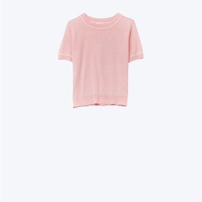 Light Pink Short Sleeve Knit Top with White Contrast Trims