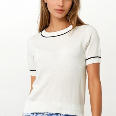 White Short Sleeve Knit Top with Black Contrast Trims