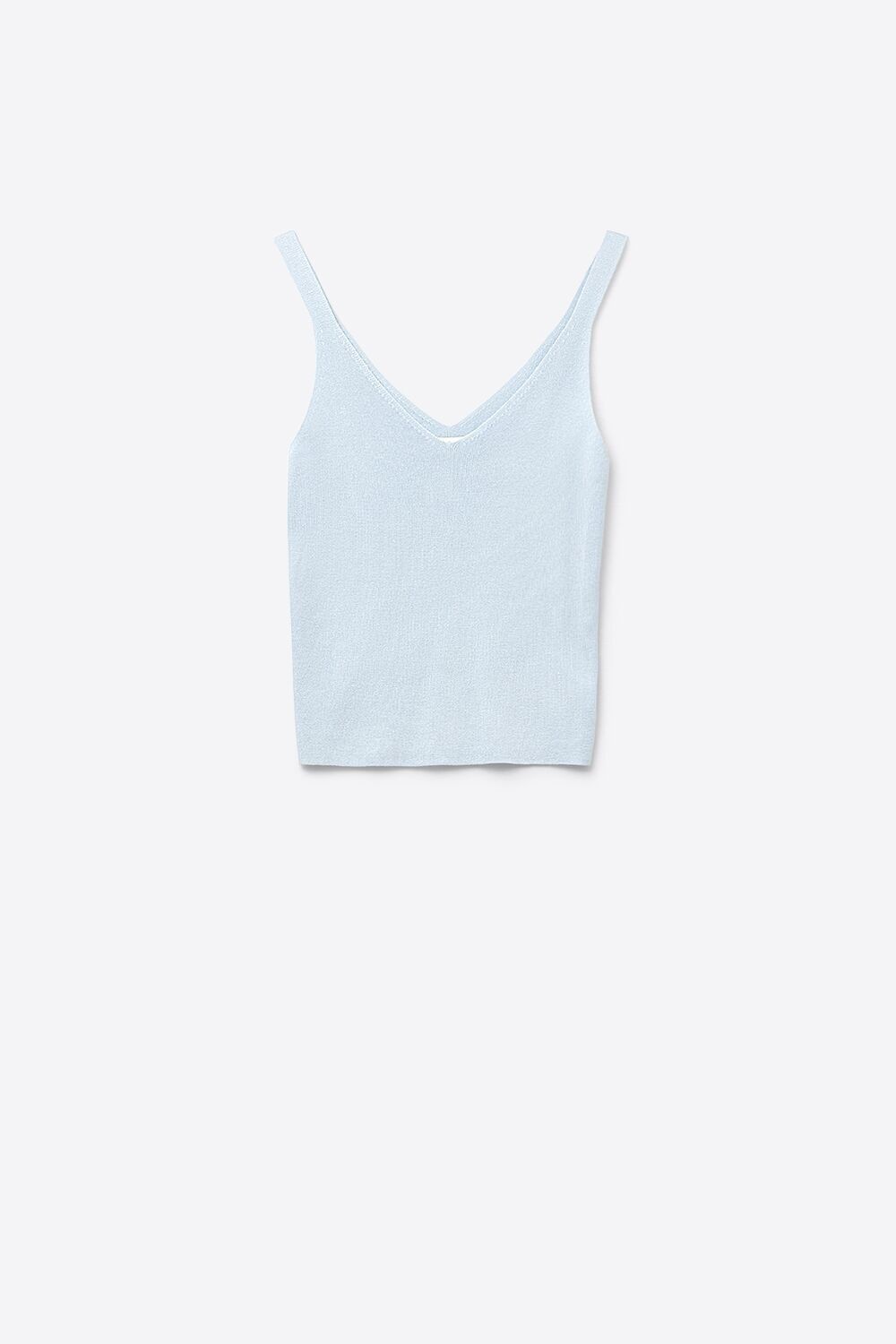 Top in maglia a coste color azzurro con scollo a V e spalline sottili