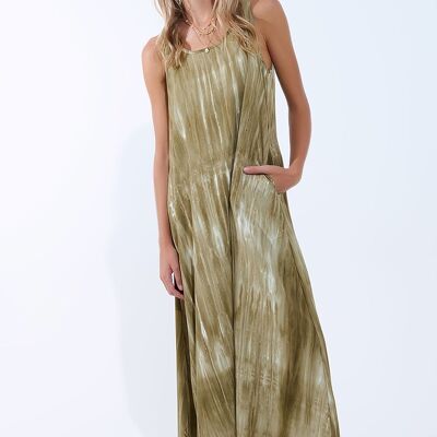 Vestido bohemio relajado en teñido anudado verde caqui en tela de alta calidad