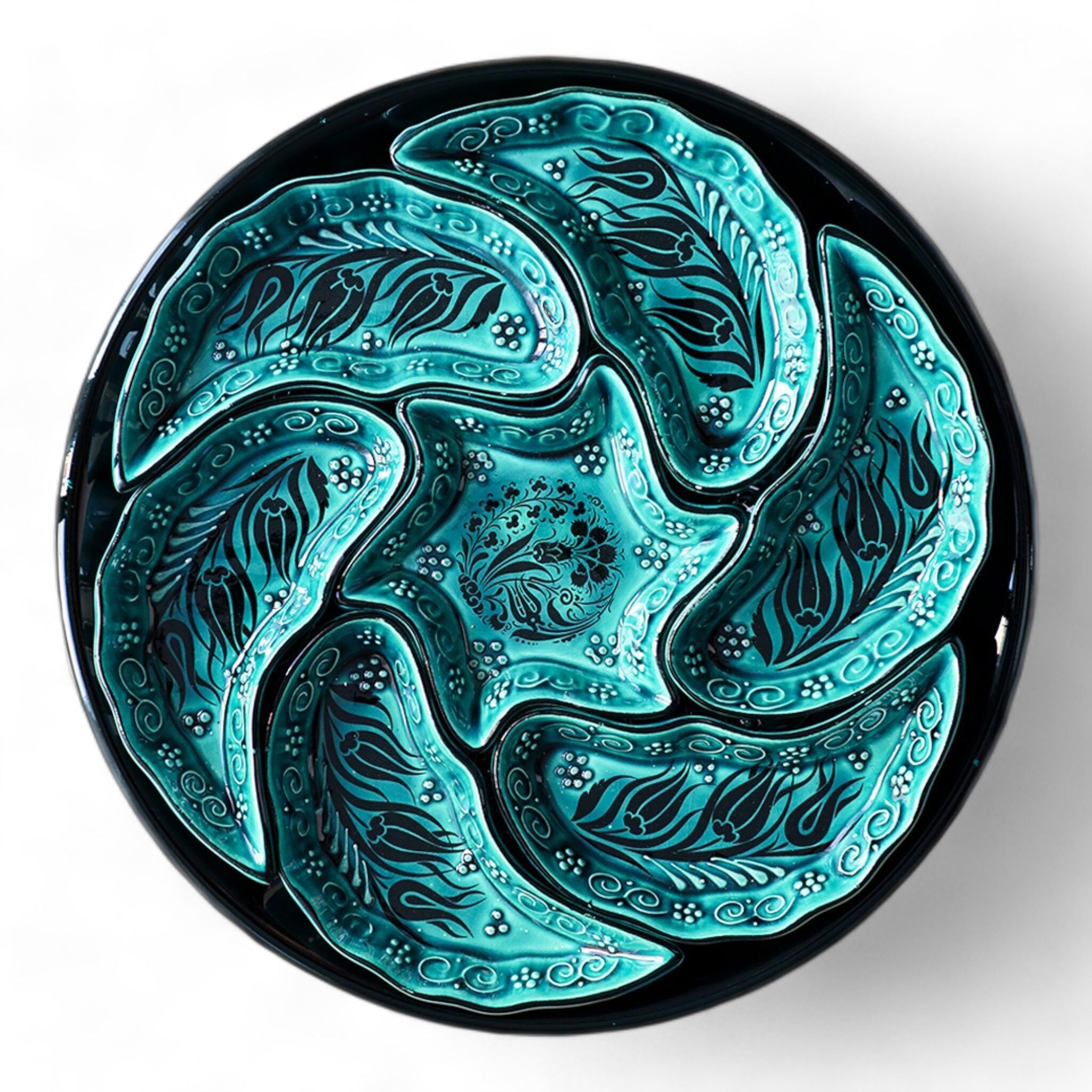 8er-Set Keramik-Snacktabletts – Iznik, Wirbelgrün – 35cm