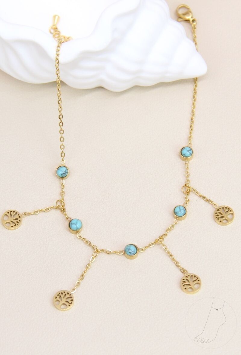 Chaîne de Cheville Arbre de Vie et Pierres en Acier Inoxydable