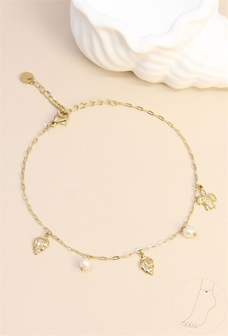 Chaîne de cheville en acier inoxydable – Ornée de perles de culture et breloques marines