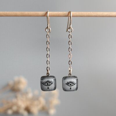 Boucles d'oreilles longues Evil Eye avec perles de verre, noires et grises, chaîne et crochets en argent sterling 925