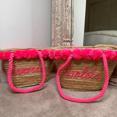 Sac en paille personnalisé à pompons – Sac fourre-tout marocain tissé à la main avec nom personnalisé