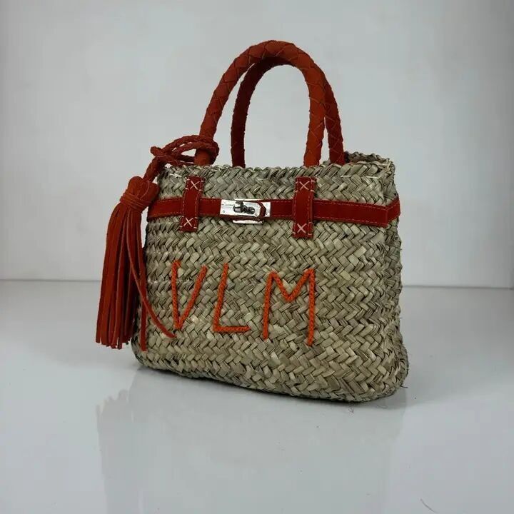 Orangefarbene Strohtasche aus echtem Wildleder mit persönlicher Note – handgewebter marokkanischer Korb mit individueller Note