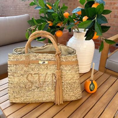 Sac personnalisé en paille et daim véritable beige – Panier marocain tissé à la main avec détails en daim