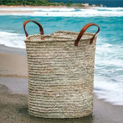 XL Handwoven Laundry Basket – Natural Palm Leaf with Handles, 55×40 cm, Handmade in Morocco