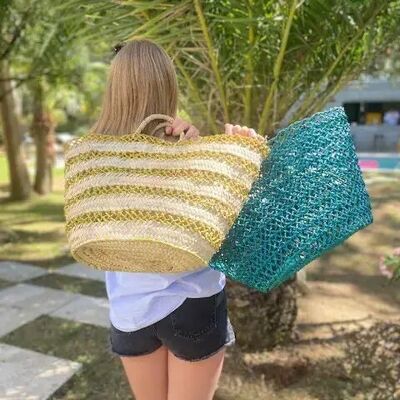 Panier en osier ajouré naturel et jaune – Rangement décoratif artisanal (50 x 50 cm)