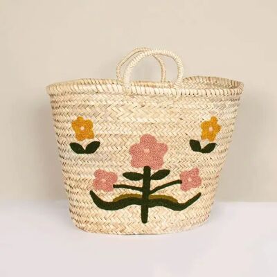 Panier à bouquets brodé à la main – Sac fourre-tout en feuilles de palmier tissées avec détails floraux
