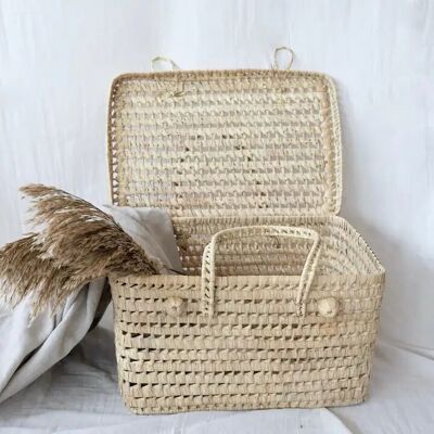 Malle artisanale en palmier tissée à la main – Panier de rangement naturel avec couvercle