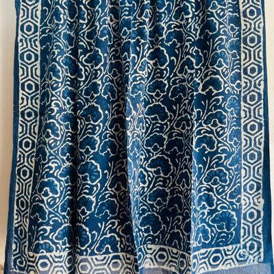 Paréo - Sarong imprimé en bloc - Floral blanc indigo