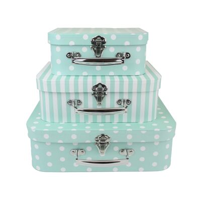 Eleganti scatole regalo stile valigia a righe e pois verde mare - Set da 3