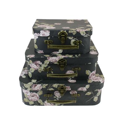 Eleganti scatole regalo in stile valigia floreale nera - Set da 3