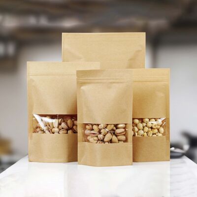 Bolsas Kraft con cierre hermético y ventana transparente - Paquete de 50 (Tamaños disponibles)