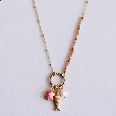 Collier fin à facettes, pendentif rond avec perle, poisson et tortue