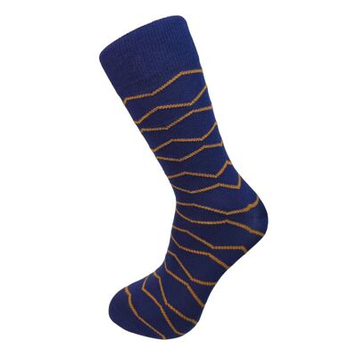 Calcetines de bambú en zigzag azul oscuro y mostaza