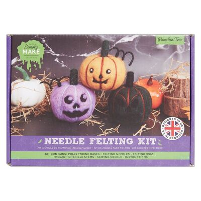 Kit de fieltro con aguja "Simply Make" para Halloween: Trío de calabazas. Incluye lana, agujas y herramientas. Para principiantes. Kits de fieltro con aguja, manualidades para principiantes, decoración y regalos. Aficiones para aficionados a las manualidades.