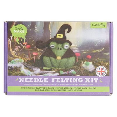 Kit de fieltro con aguja "Rana bruja de Halloween" fácil de hacer. Incluye lana, agujas y herramientas. Para principiantes. Kits de fieltro con aguja, manualidades para principiantes, decoración y regalos. Aficiones para aficionados a las manualidades.