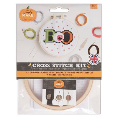 Kit punto croce "Boo Design" di Simply Make, Halloween, con telaio, filo da ricamo, tessuto e ago, perfetto per principianti, kit per punto croce, ottimi regali, per appassionati di artigianato, decorazioni per la casa di Halloween.