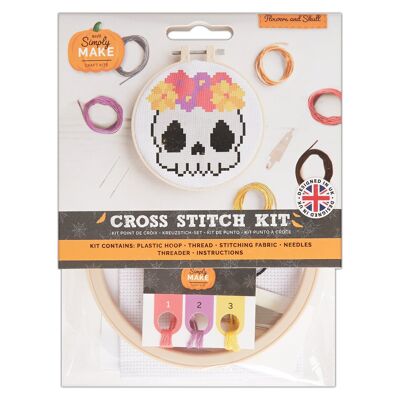 Kit de punto de cruz Simply Make con diseño de flores y calaveras, Halloween, bastidor, hilo de bordar, tela y aguja, para principiantes, kit de inicio para manualidades de punto de cruz, regalos ideales para aficionados a las manualidades, decoración de Halloween