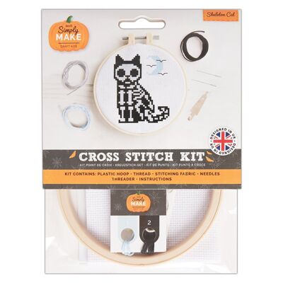 Kit de punto de cruz Simply Make: Diseño de gato esqueleto, Halloween, bastidor, hilo de bordar, tela y aguja, para principiantes, kit de inicio para manualidades de punto de cruz, regalos ideales para aficionados a las manualidades, decoración de Halloween