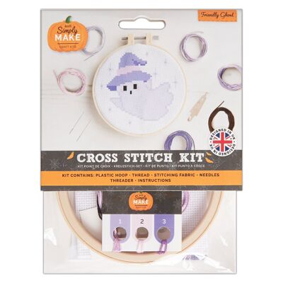 Kit de punto de cruz Simply Make: Diseño de fantasma amigable, Halloween, bastidor, hilo de bordar, tela y aguja, para principiantes, kit de inicio para manualidades de punto de cruz, regalos ideales para aficionados a las manualidades, decoración de Halloween