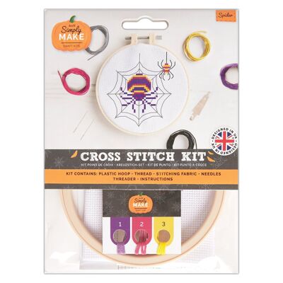 Kit de punto de cruz Simply Make: diseño de araña para Halloween. Incluye bastidor, hilo de bordar, tela y aguja. Ideal para principiantes. Kit de punto de cruz para principiantes. Un regalo ideal para aficionados a las manualidades y decoración de Halloween.