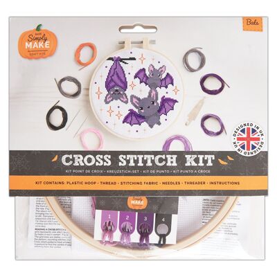 Kit punto croce "Simply Make" con motivo a pipistrello, Halloween, telaio, filo da ricamo, tessuto e ago, perfetto per principianti, kit per punto croce, ottimi regali, appassionati di artigianato, decorazioni per la casa di Halloween