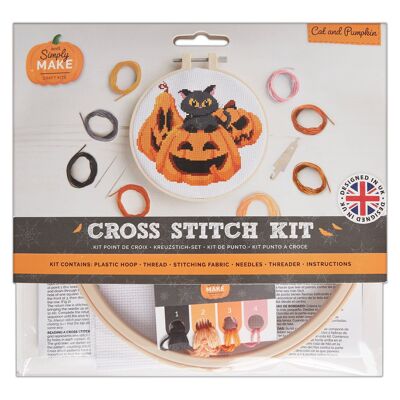 Kit punto croce "Simply Make" con motivo gatto e zucca di Halloween, telaio, filo da ricamo, tessuto e ago, per principianti, kit per punto croce, ottimi regali, appassionati di artigianato, decorazioni per la casa di Halloween