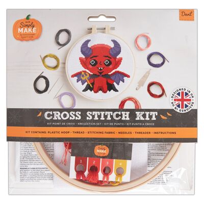Kit punto croce "Simply Make" con motivo a diavolo, Halloween, telaio, filo da ricamo, tessuto e ago, per principianti, kit per punto croce, ottimi regali, appassionati di artigianato, decorazioni per la casa di Halloween