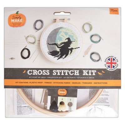 Kit punto croce "Simply Make", disegno della luna, Halloween, telaio, filo da ricamo, tessuto e ago, per principianti, kit per punto croce, ottimi regali, appassionati di artigianato, decorazioni per la casa di Halloween
