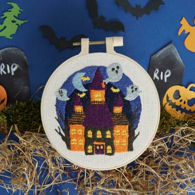 Kit de broderie par numéros Simply Make, kit de bricolage Halloween Maison hantée, kit de couture et de point, fils à broder inclus, kits de bricolage pour adultes, kit de broderie avec cercle à broder
