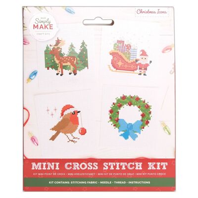 Kit de broderie au point de croix Simply Make, icônes de Noël, lot de 4, broderie au cerceau, fil, tissu et aiguille, idéal pour les débutants, kit de broderie au point de croix pour débutants, superbe cadeau, décoration d'intérieur festive