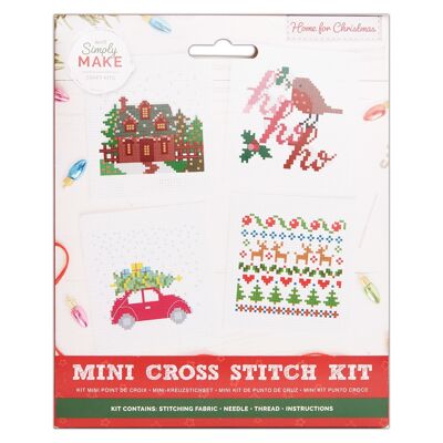 Kit punto croce "Home for Christmas" (4 pezzi), ricamo a telaio, filo, tessuto e ago, perfetto per principianti, kit per punto croce, ottimo regalo per appassionati di artigianato, decorazioni natalizie per la casa.
