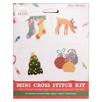 Kit de broderie au point de croix Simply Make, lot de 4 broderies classiques de Noël, cerceau, fil, tissu et aiguille, idéal pour les débutants, kit de broderie au point de croix pour débutants, superbe cadeau pour les amateurs d'artisanat, décoration d'intérieur festive